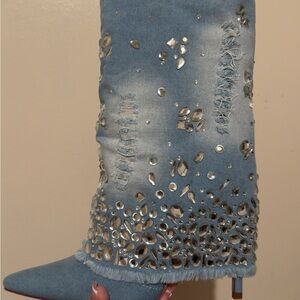Embellished Denim Knee-High Boots